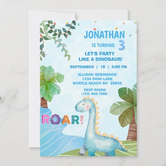 キッズ恐竜Tレックス誕生日パーティー 招待状 (正面)