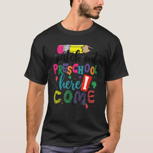 キッズ新学期警戒プレスクールここI Com Tシャツ (正面)
