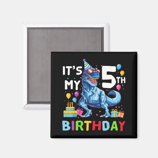 キッズ私の5誕生日ハッピーファイブ年Tレックス マグネット (正面/裏面)