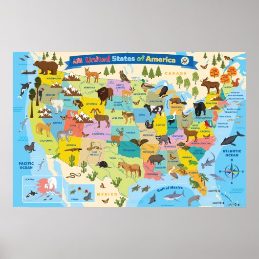 キッズ米国地図お洒落マンガアート統一された州 ポスター (正面)