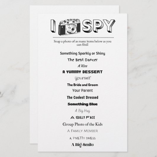 キッズ結婚/イベントI-Spyアクティビティゲームシート (正面/裏面)