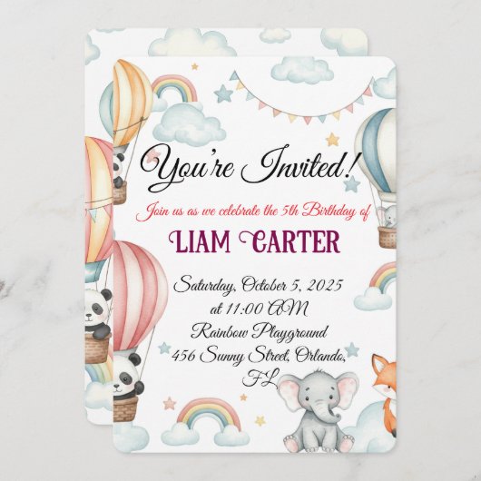 キッズ誕生日招待状 – かわいいホットエアバルーン 招待状 (正面/裏面)