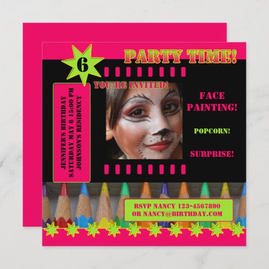 キッズ顔絵画の誕生日パーティーへの招待 招待状 (正面/裏面)