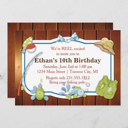 キッズ魚釣り誕生日招待状 招待状 (正面/裏面)