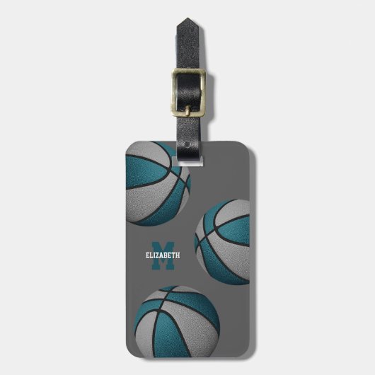 キッズ10代ティール(緑がかった色)グレーバスケットボールチームカラー ラゲッジタグ (正面縦)