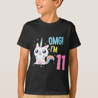 キッズ11歳の女の子誕生日衣装ユニコーン猫 Tシャツ
