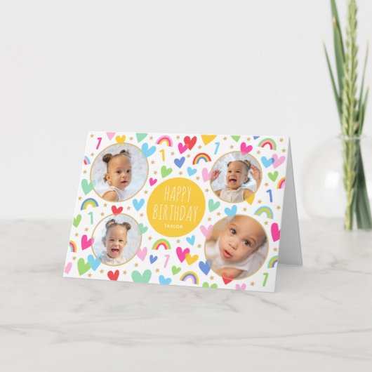 キッズ1st誕生日かわいい虹の写真ハート黄色 カード (正面)