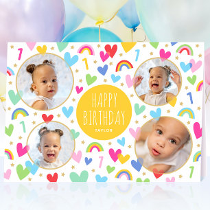 キッズ1st誕生日かわいい虹の写真ハート黄色 カード