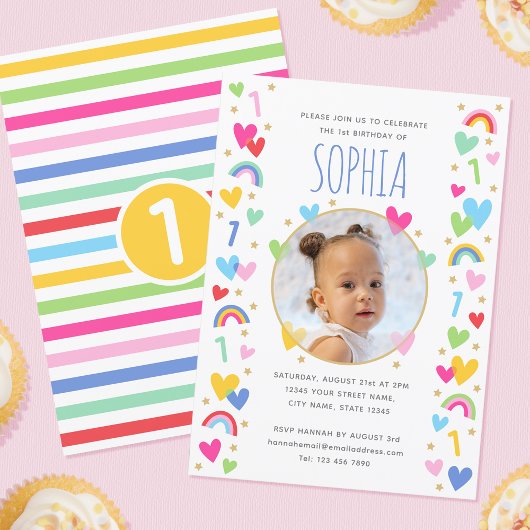 キッズ1st誕生日かわいい虹の写真ハート黄色 招待状