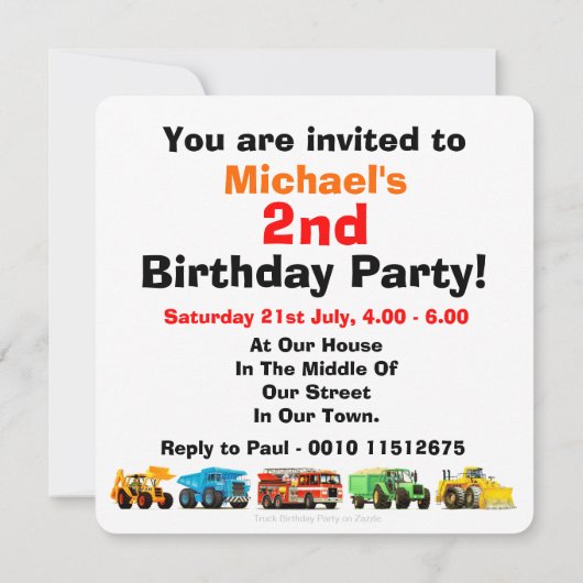 キッズ2歳の誕生日建築トラックパーティー 招待状 (裏面)