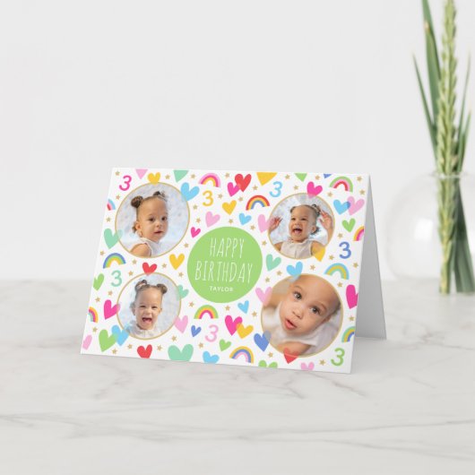キッズ3歳の誕生日かわいい虹の写真ハート緑 カード (正面)