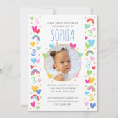 キッズ3歳の誕生日かわいい虹の写真ハート緑 招待状 (正面)
