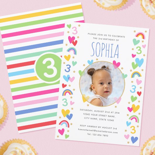キッズ3歳の誕生日かわいい虹の写真ハート緑 招待状