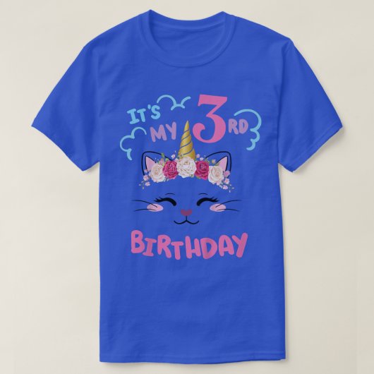 キッズ3rdバースデーガール服猫ユニコーンロザリオ  tシャツ (デザイン正面)