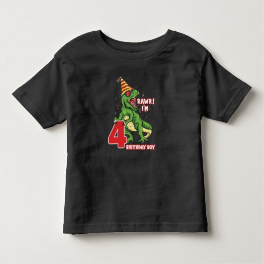キッズ4年の古い恐竜の誕生日4パーティー少年 トドラーTシャツ (正面)