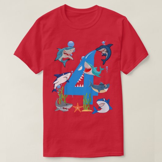 キッズ4歳サメ海テーマパーティー4th Birthd Tシャツ (デザイン正面)