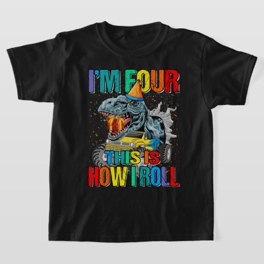 キッズ4歳モンスタートラック恐竜誕生日Pa Tシャツ (レイダウン)