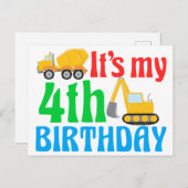 キッズ4thバースデーボーイ建築車 ポストカード (正面/裏面)