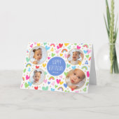 キッズ4th誕生日かわいい虹の写真ハートブルー カード (正面)