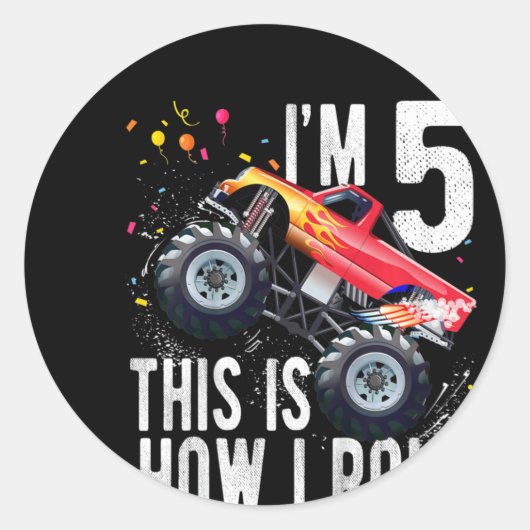 キッズ5歳5誕生日少年モンスタートラックCa ラウンドシール (正面)