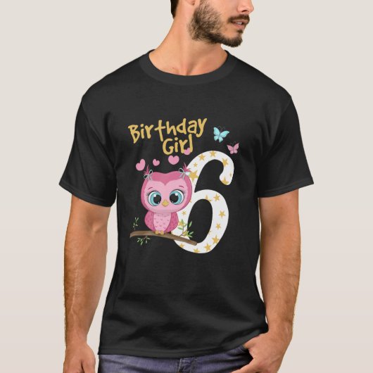 キッズ6th誕生日ガールズフクロウ誕生日ガール6アイ tシャツ (正面)