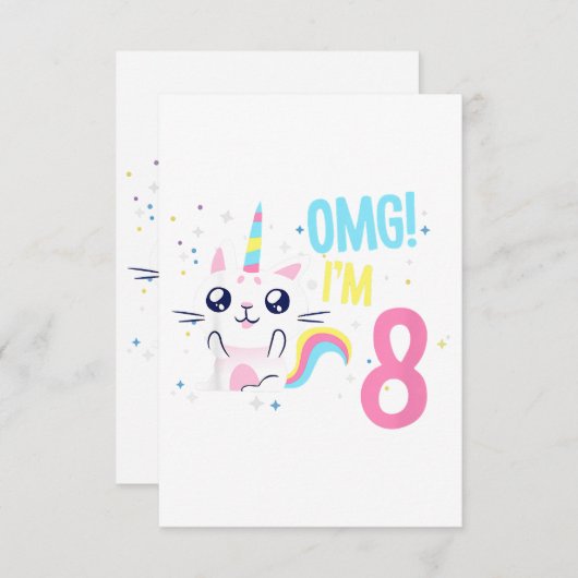 キッズ8歳少女誕生日衣装ギフトユニコーン 招待状 (正面/裏面)