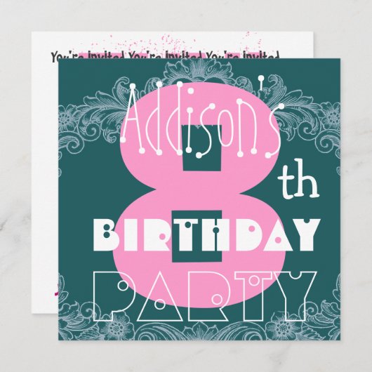 キッズ8誕生日名前をカスタムするピンクモダンティール（緑がかった色） 招待状 (正面/裏面)