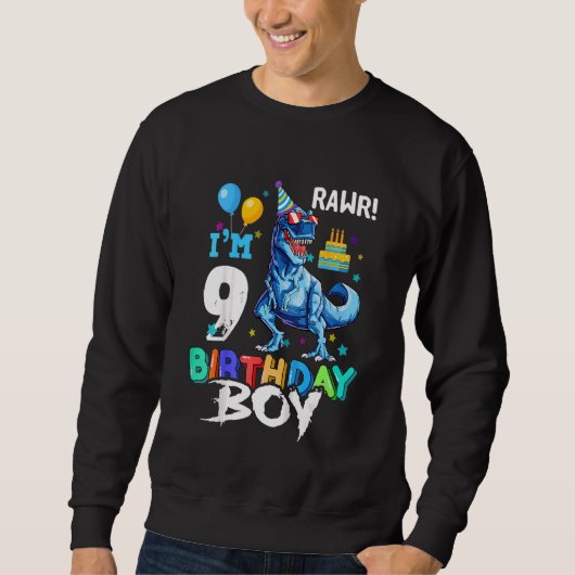 キッズ9歳9誕生日少年レックス恐竜 スウェットシャツ (正面)