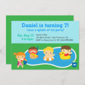 キッズ·スプカラフルラッシュ·誕生日·プール·パーティー 招待状 (正面/裏面)