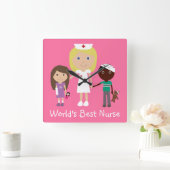 キッズ·ピンクの時計を使ったかわいい世最高の界のナース スクエア壁時計 (ホーム)