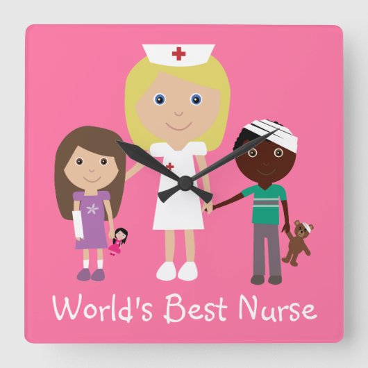 キッズ·ピンクの時計を使ったかわいい世最高の界のナース スクエア壁時計 (正面)