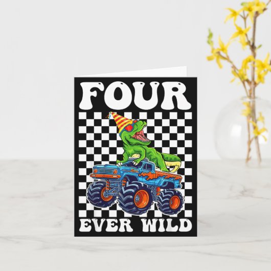 キッズ フォーエバー ワイルド 恐竜 モンスター トラック 4歳 誕生日 カード (黄色い花)