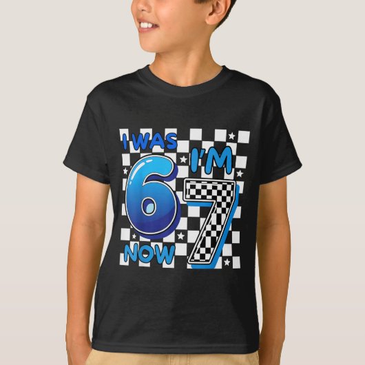 キッズ ブルー ギンガム 6歳 7歳 誕生日 おもしろTシャツ 6 7 Tシャツ (正面)