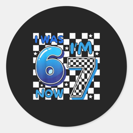 キッズ ブルー チェック 6歳 7歳 誕生日 67 記念 ラウンドシール (正面)
