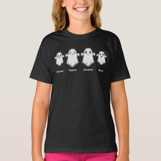 キッズ ママ パパ 4人家族 ゴースト ハロウィン Tシャツ (正面)