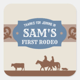 キッズFIrst Rodeoブルー/ブラウンウェスタン誕生日パーティー スクエアシール