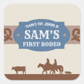 キッズFIrst Rodeoブルー/ブラウンウェスタン誕生日パーティー スクエアシール (正面)