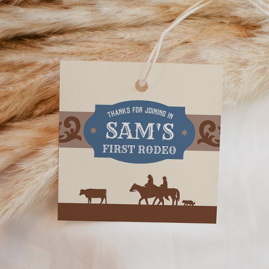 キッズFIrst Rodeoブルー/ブラウンウェスタン誕生日パーティー フェイバータグ
