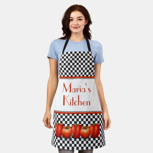 キッチイタリアンントマトスペパー市松模様にス エプロン (着用した状態)