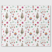 キッチクリスマス | レトロオーナメントとツリーパターン ラッピングペーパー (フラット)