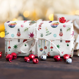 キッチクリスマス | レトロオーナメントとツリーパターン ラッピングペーパー