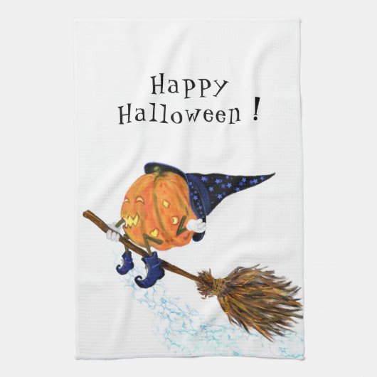 キッチンおもしろいタオルハロウィンウィッチカボチャ飛んでいる キッチンタオル (縦)