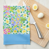 キッチンかわいらしタオル、春のプリムローズ、スカイブルー キッチンタオル (四つ折り)
