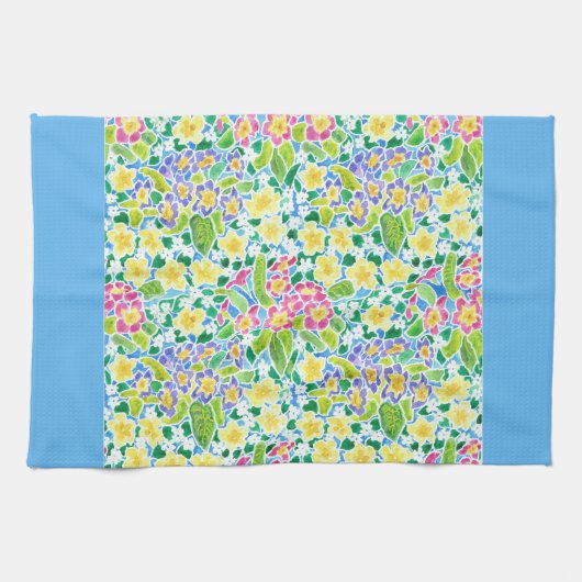 キッチンかわいらしタオル、春のプリムローズ、スカイブルー キッチンタオル (横)