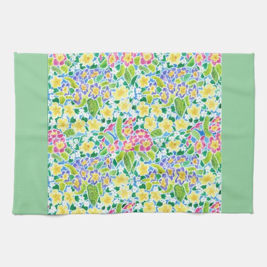 キッチンかわいらしタオル、春プリムローズ、ミントグリーン キッチンタオル (横)