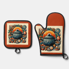 キッチンでの愛：シルバーキルテッドオーブンミット 鍋つかみ&鍋敷きセット