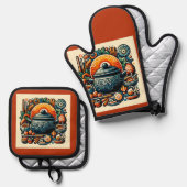 キッチンでの愛:シルバーキルテッドオーブンミット 鍋つかみ&鍋敷きセット (正面/裏面)