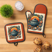 キッチンでの愛:シルバーキルテッドオーブンミット 鍋つかみ&鍋敷きセット (トップダウン)