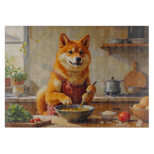 キッチンで料理する柴犬 カッティングボード (正面)