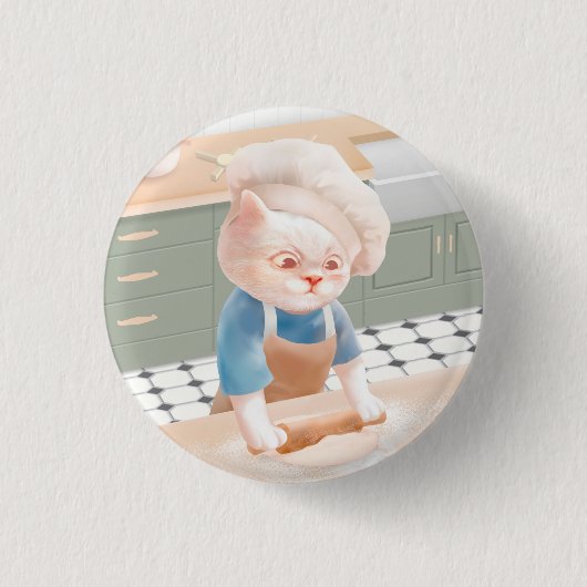 キッチンに転が帽子の生地を入れた猫 缶バッジ (正面)
